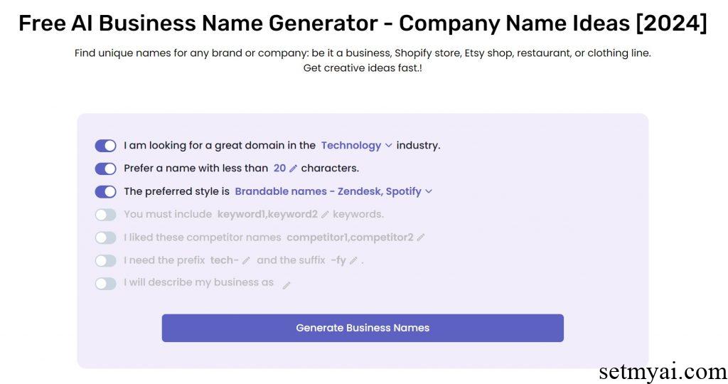AI Business Name Generator Homepage