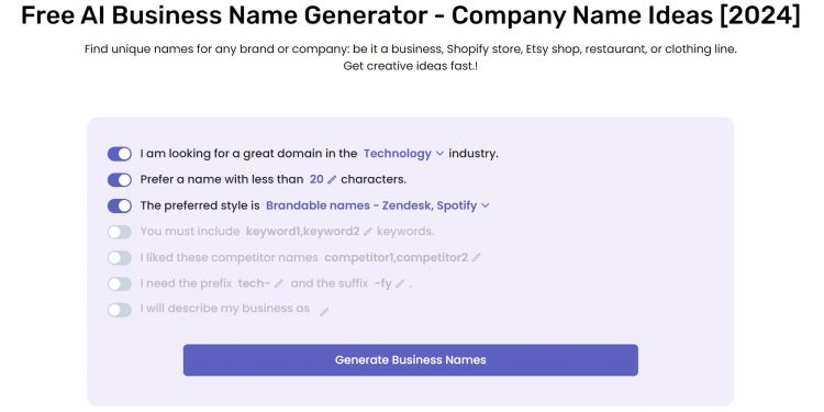 AI Business Name Generator Homepage